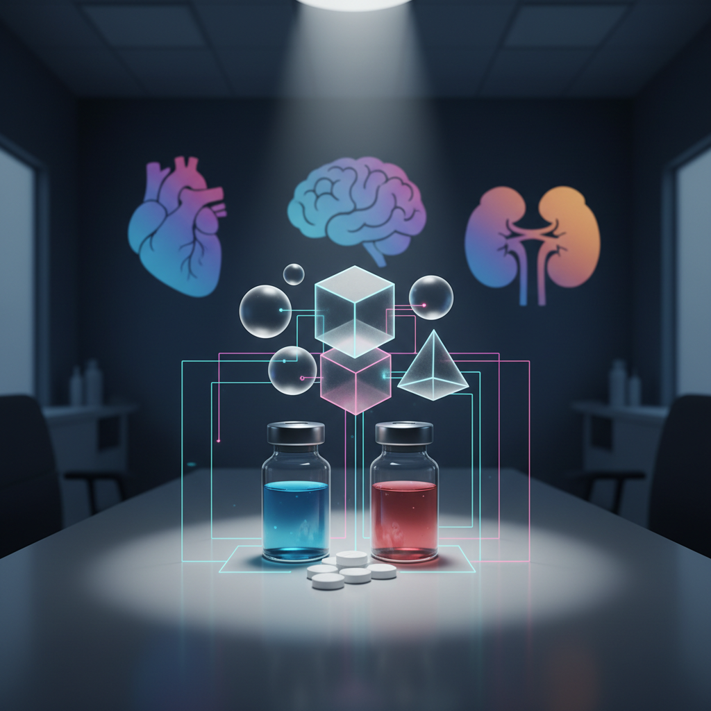 A digital-art conceptual image of drug–drug interaction analysis: two distinct medication vials and several tablets on a neutral clinical bench, with translucent, interlocking geometric shapes hovering above them, symbolizing overlapping mechanisms and interactions. Thin glowing lines connect the medicines to simplified organ silhouettes in the background—heart, brain, kidney—formed from soft gradients and smooth contours. The environment is a dimmed, modern clinical office with cool blue ambient light and a focused white spotlight on the central objects, creating gentle shadows and a sense of depth. Composed with a central focus and shallow depth-of-field effect, the atmosphere is serious yet clear, ideal for illustrating interaction checking and risk assessment.