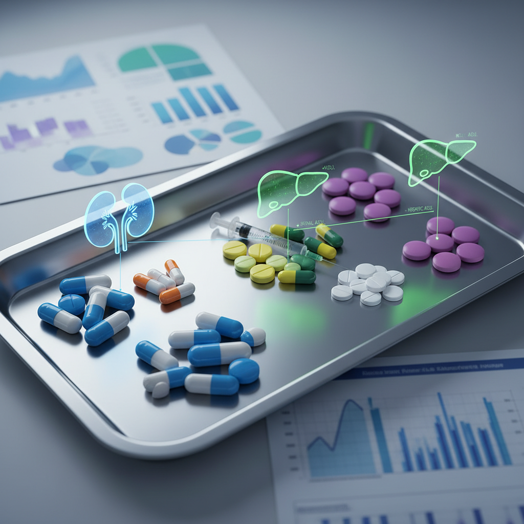 A highly detailed digital-art illustration of multiple medications arranged by therapeutic area on a reflective stainless-steel tray, representing dosage adjustment and renal/hepatic function considerations. Small, stylized kidney and liver icons, rendered as semi-transparent holographic overlays, float gently above relevant drug groups, linked by thin luminous lines suggesting clinical pathways. The background shows a softly out-of-focus clinical chart board with abstract, non-text data plots. Cool, diffused side lighting creates subtle highlights and crisp reflections on the metallic tray and tablet coatings. Shot from a slightly elevated perspective with balanced composition, the atmosphere feels precise, educational, and practical for quick reference to dose optimization.