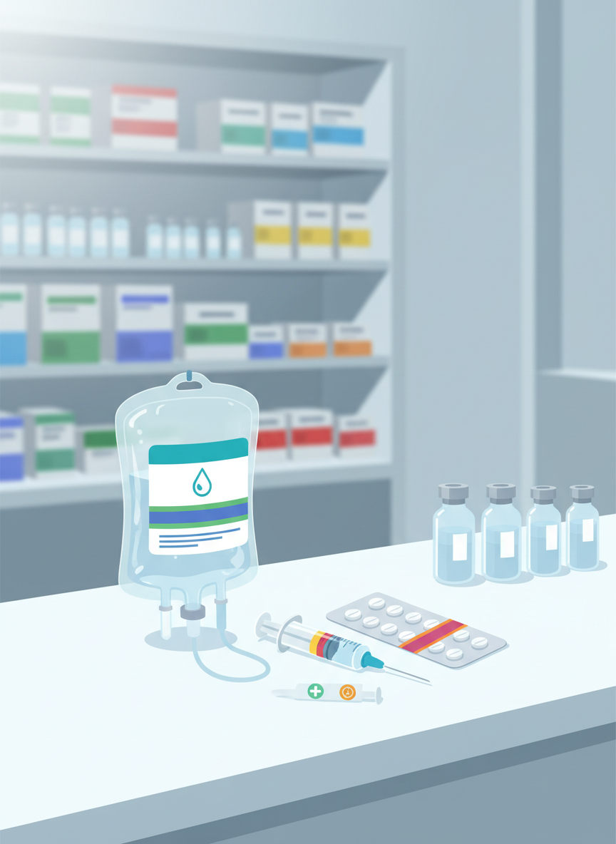 A clean, minimalist digital-art illustration of a hospital medication preparation workspace, centered on a detailed transparent infusion bag, prefilled syringe, and blister-packed tablets arranged neatly on a cool white counter. Each item has precise labeling implied through subtle colored bands and icons rather than text. In the background, softly blurred shelves show orderly rows of color-coded medication boxes and vials. Cool, diffused overhead lighting casts gentle reflections on the smooth plastic and glass surfaces, creating a calm, clinical atmosphere. The scene is framed at eye level with a slight angle, emphasizing clarity and organization, suitable as a universal header image for a professional drug knowledge site focused on practical clinical decision support.