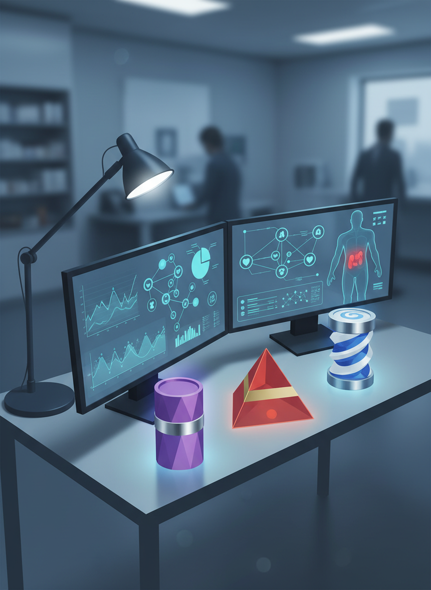A digital-art cross-section scene of a modern clinical pharmacy verification station, featuring a dual-monitor setup displaying stylized graphs, drug interaction network diagrams, and simplified organ icons instead of text. On the desk, a few highlighted medication containers with distinct shapes and color bands represent different drug classes. Soft cool-white task lighting from an adjustable lamp illuminates the workstation, while the surrounding room fades into a subtle blue-gray blur. The composition uses a three-quarters angle, creating depth, with sharp focus on the screens and medications. The mood is focused and analytical, conveying evidence-based, point-of-care decision support for pharmacists and healthcare professionals.